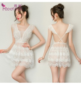 FEE ET MOI Sexy Lace Layer Cake Skirt Seethrough Body Sleepwear (White)